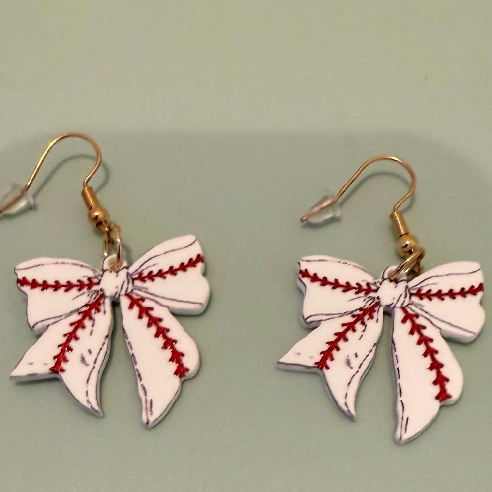 Play Ball!! Super Cute Baseball Stitch Bow Earrings- NIP